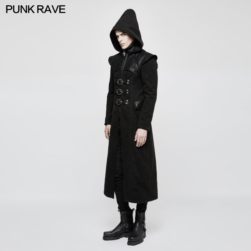 Y-816 Stand-collar Long Leather Gothic Coat With Detachable Hat