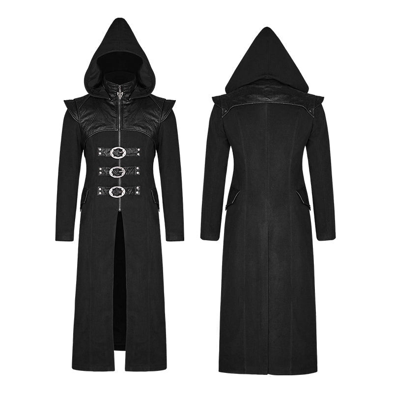 Y-816 Stand-collar Long Leather Gothic Coat With Detachable Hat