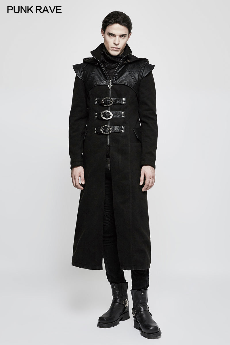 Y-816 Stand-collar Long Leather Gothic Coat With Detachable Hat