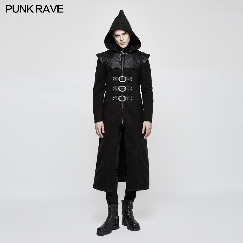 Y-816 Stand-collar Long Leather Gothic Coat With Detachable Hat