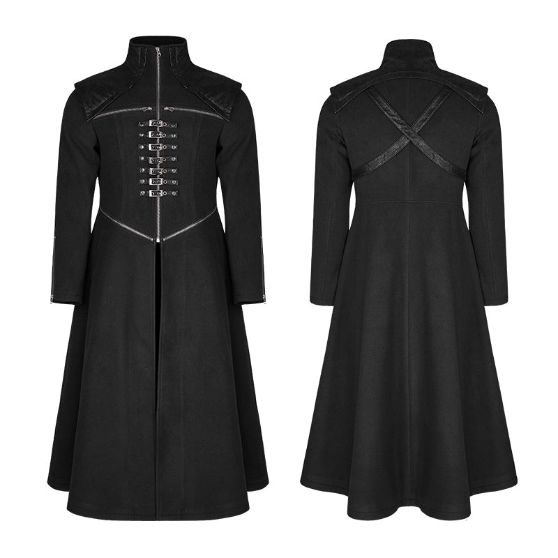 Y-777 Handsome Dark Medium Long Punk Coat With Cross On Back