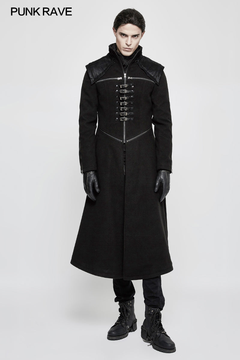 Y-777 Handsome Dark Medium Long Punk Coat With Cross On Back