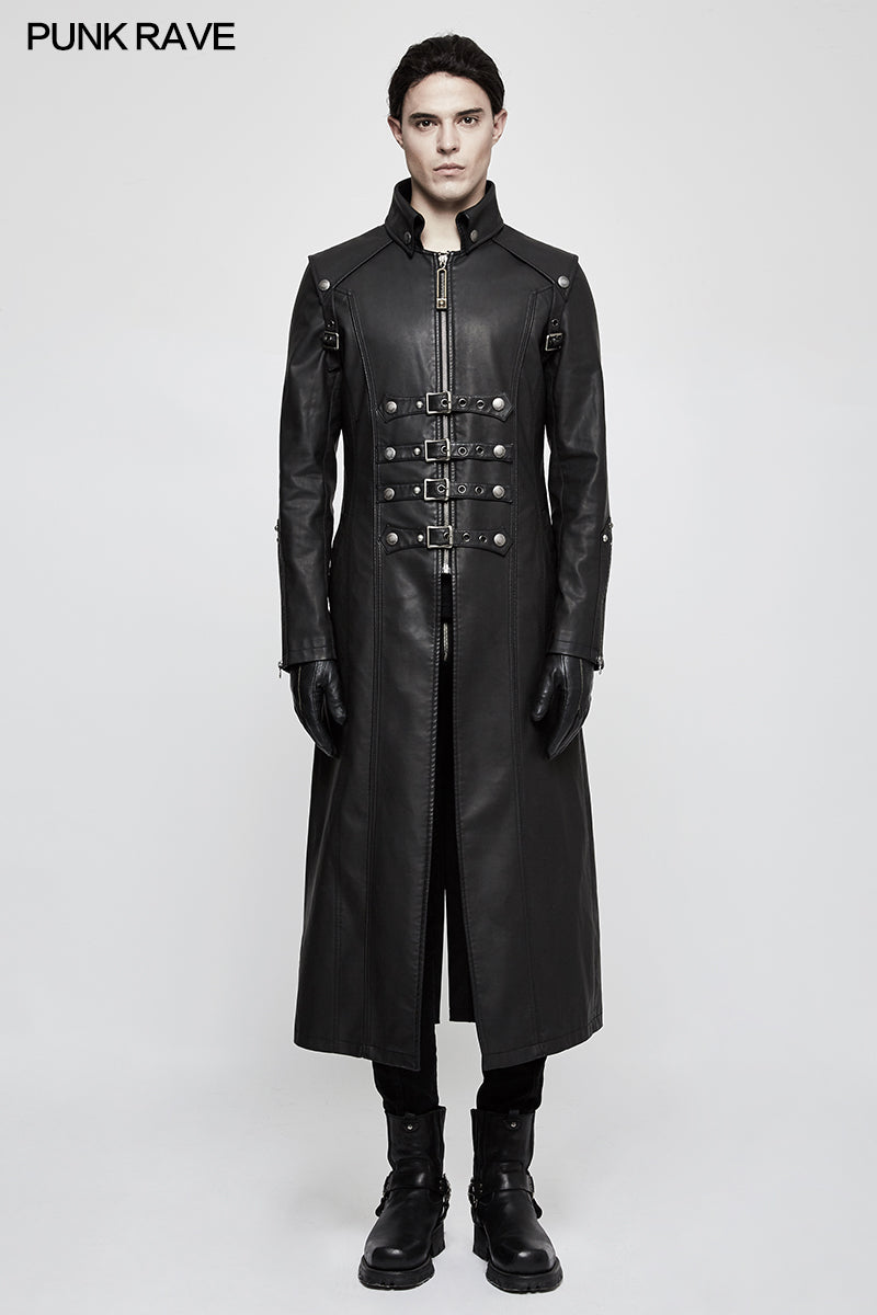 Y-809 Winter Men Long Leather Punk Coat With Stand-up Collar