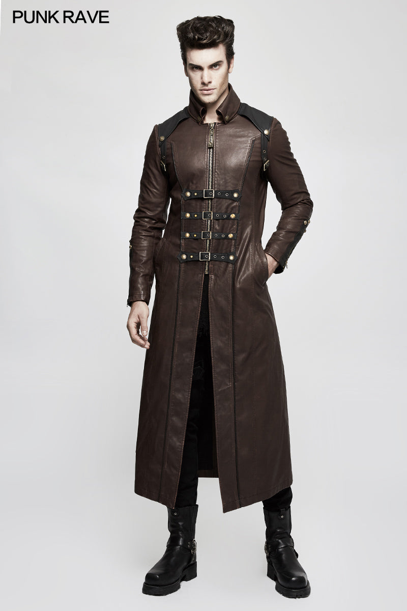 Y-809 Winter Men Long Leather Punk Coat With Stand-up Collar