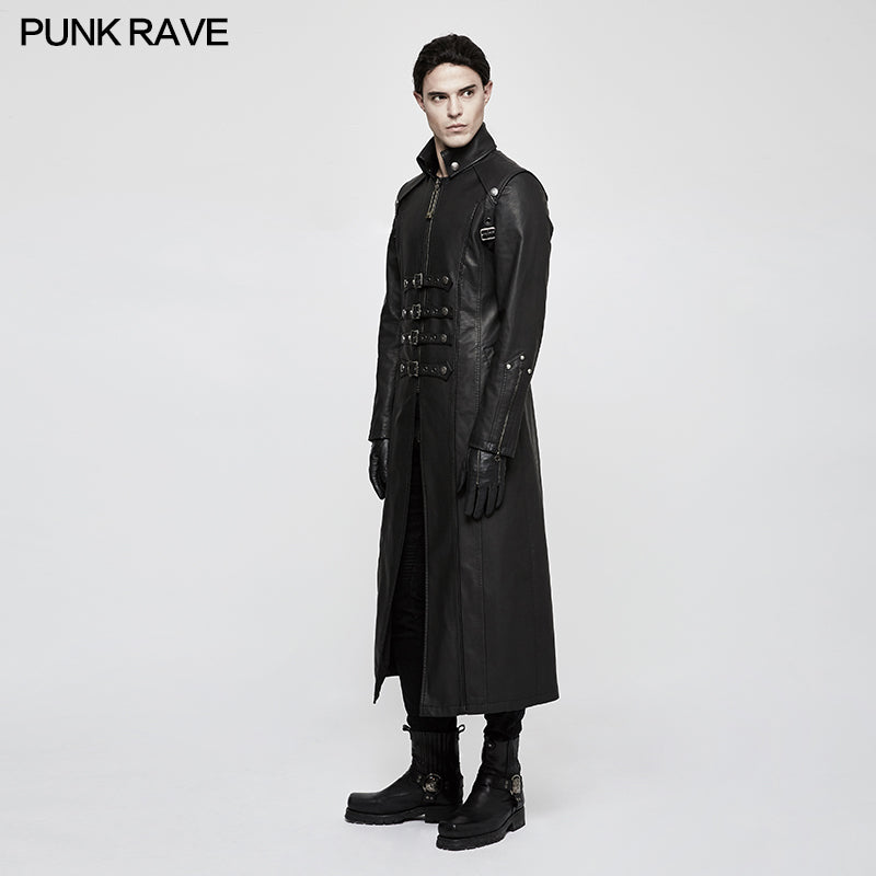 Y-809 Winter Men Long Leather Punk Coat With Stand-up Collar