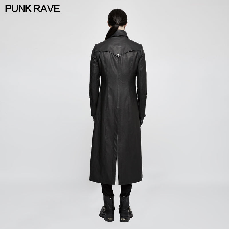 Y-809 Winter Men Long Leather Punk Coat With Stand-up Collar