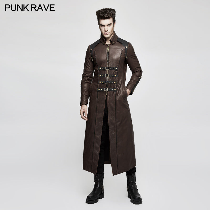 Y-809 Winter Men Long Leather Punk Coat With Stand-up Collar