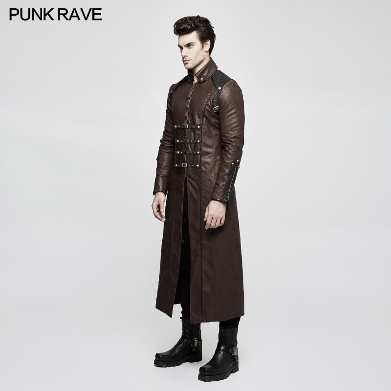 Y-809 Winter Men Long Leather Punk Coat With Stand-up Collar