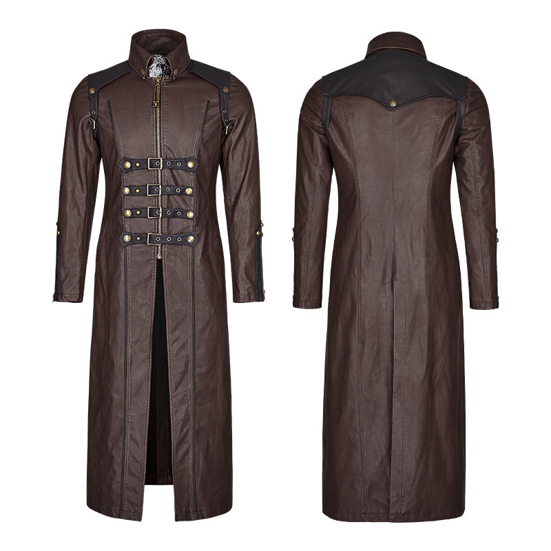 Y-809 Winter Men Long Leather Punk Coat With Stand-up Collar