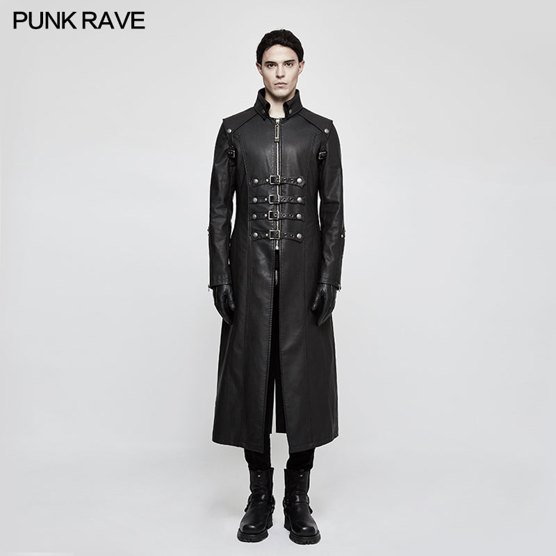 Y-809 Winter Men Long Leather Punk Coat With Stand-up Collar