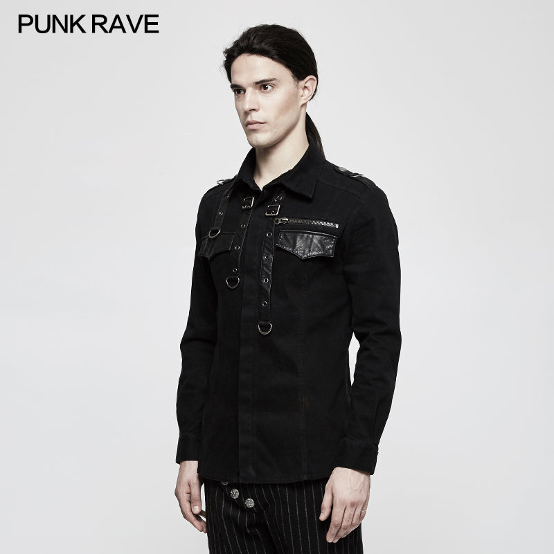 Y-800 Handsome Wool Long Sleeve Punk Shirts With Personality Leather Loop