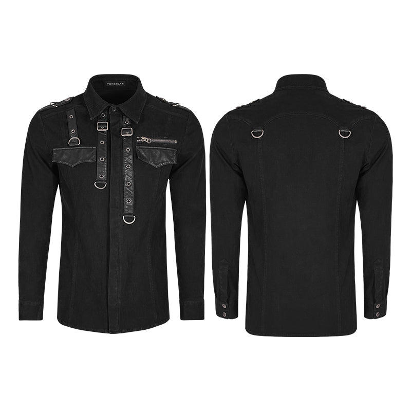 Y-800 Handsome Wool Long Sleeve Punk Shirts With Personality Leather Loop