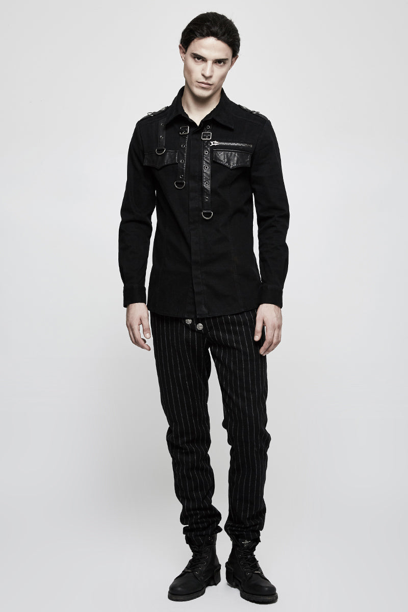 Y-800 Handsome Wool Long Sleeve Punk Shirts With Personality Leather Loop