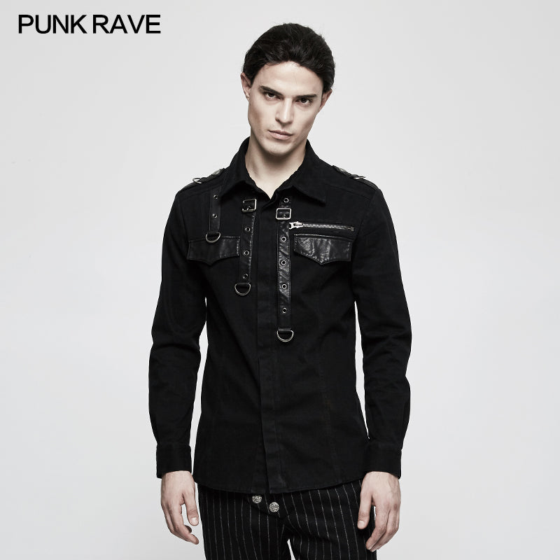 Y-800 Handsome Wool Long Sleeve Punk Shirts With Personality Leather Loop