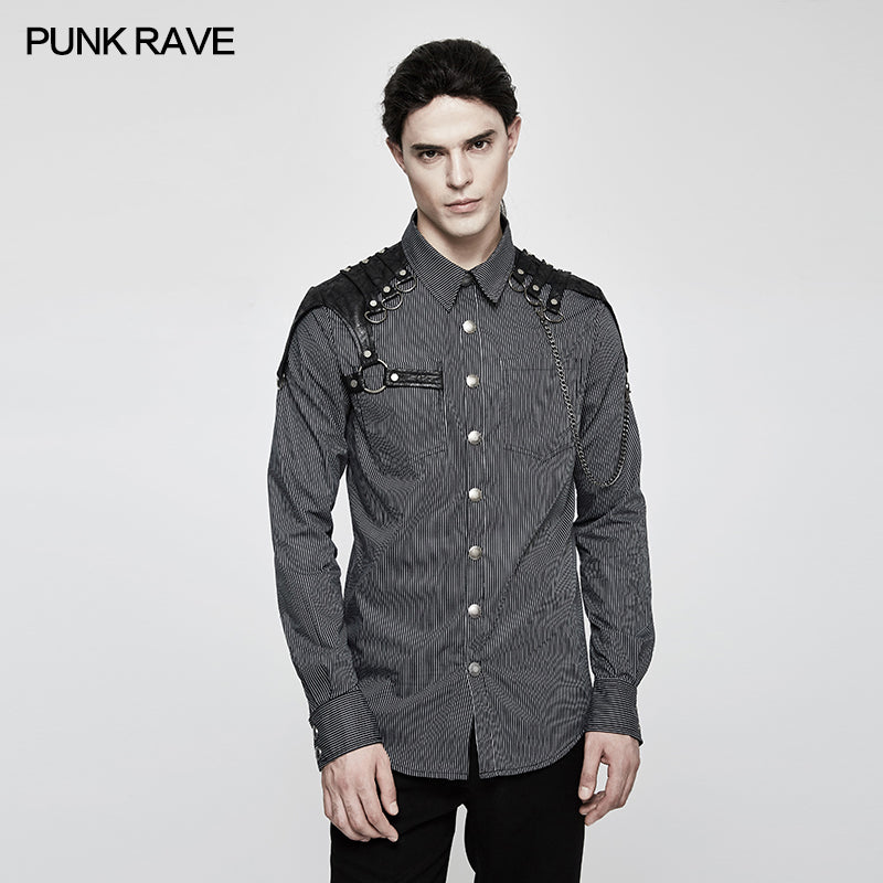 Y-819 Handsome Striped Punk Shirt With Free Hanging Metal Chain