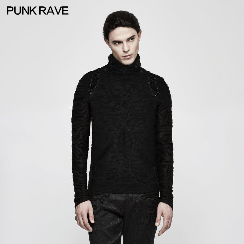 T-485 Stereo Stripe Elastic Knitted Gothic T-shirts With High Neck Collar