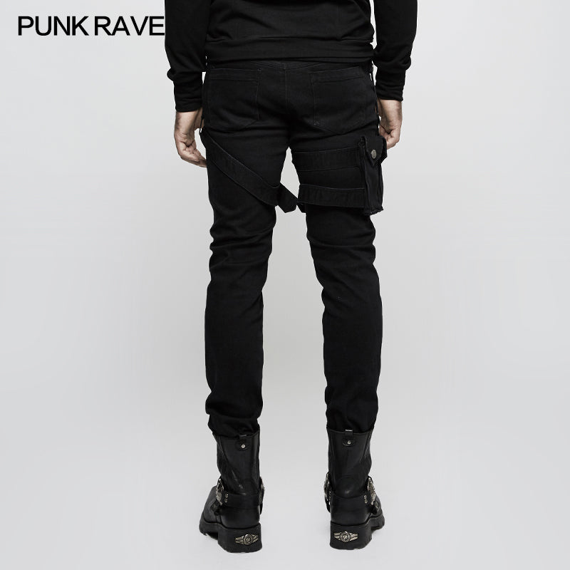 K-295 Men Elastic Denim Punk Pants With Detachable Pocket