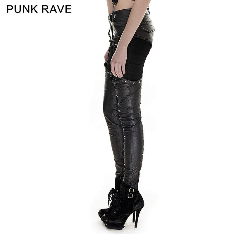 K-249 Metallic Boot-shape Zipper Legs Skinny Leather Gothic Pants With Belts