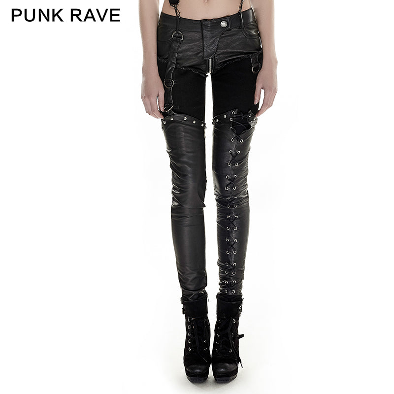 K-249 Metallic Boot-shape Zipper Legs Skinny Leather Gothic Pants With Belts