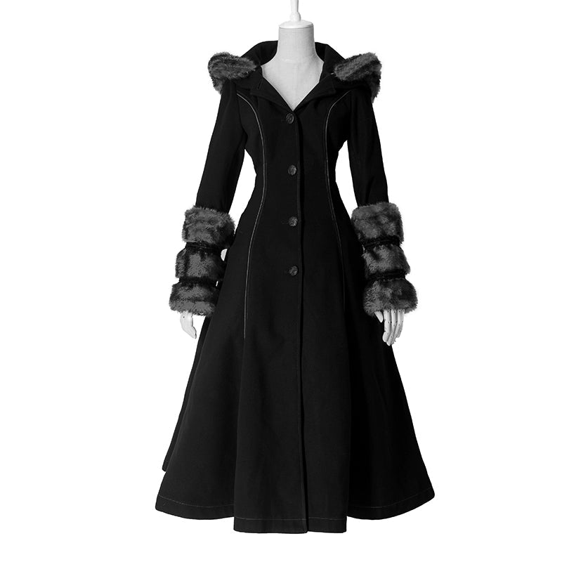 LY-036 Winter Woolen Long black Gothic Coat For Women Two Wear Imitation Fur Coat