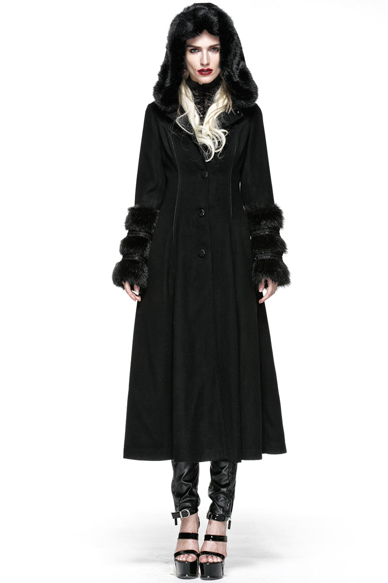 LY-036 Winter Woolen Long black Gothic Coat For Women Two Wear Imitation Fur Coat