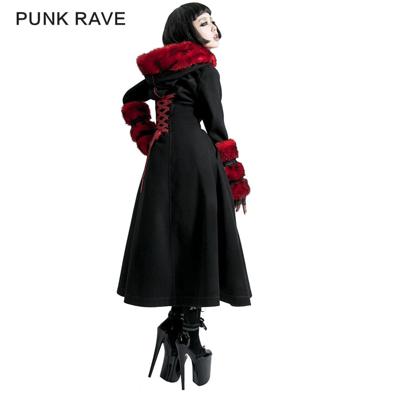 LY-036 Winter Woolen Long black Gothic Coat For Women Two Wear Imitation Fur Coat