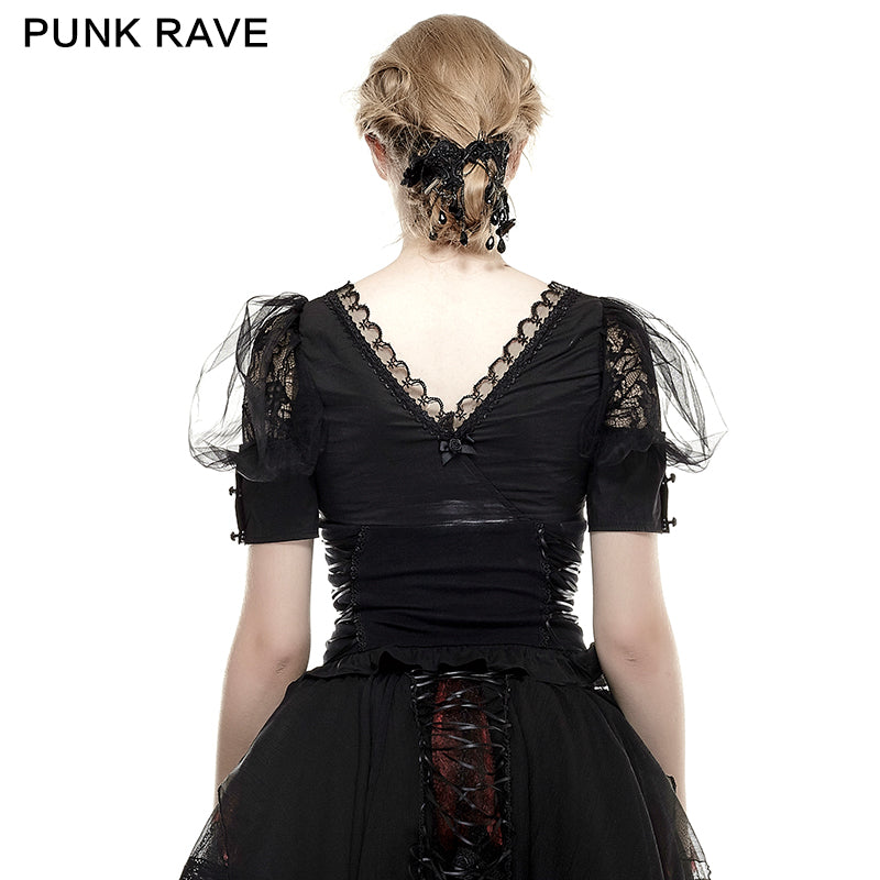 LT-006 black Elastic Pastoral Style Gothic Shirts Lace Lolita Blouse