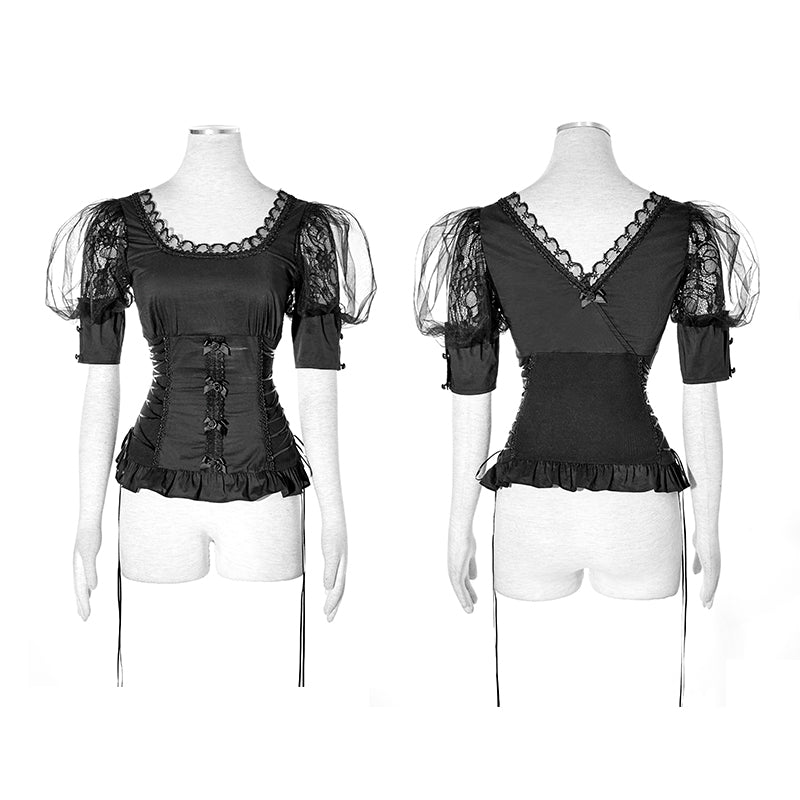 LT-006 black Elastic Pastoral Style Gothic Shirts Lace Lolita Blouse