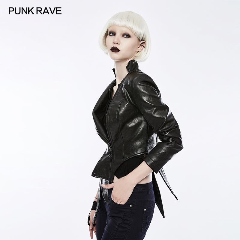 OPY-253 Irregular Shaped Bright Leather Punk Jacket With Stand Collar