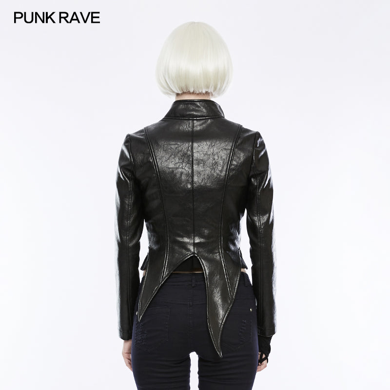 OPY-253 Irregular Shaped Bright Leather Punk Jacket With Stand Collar