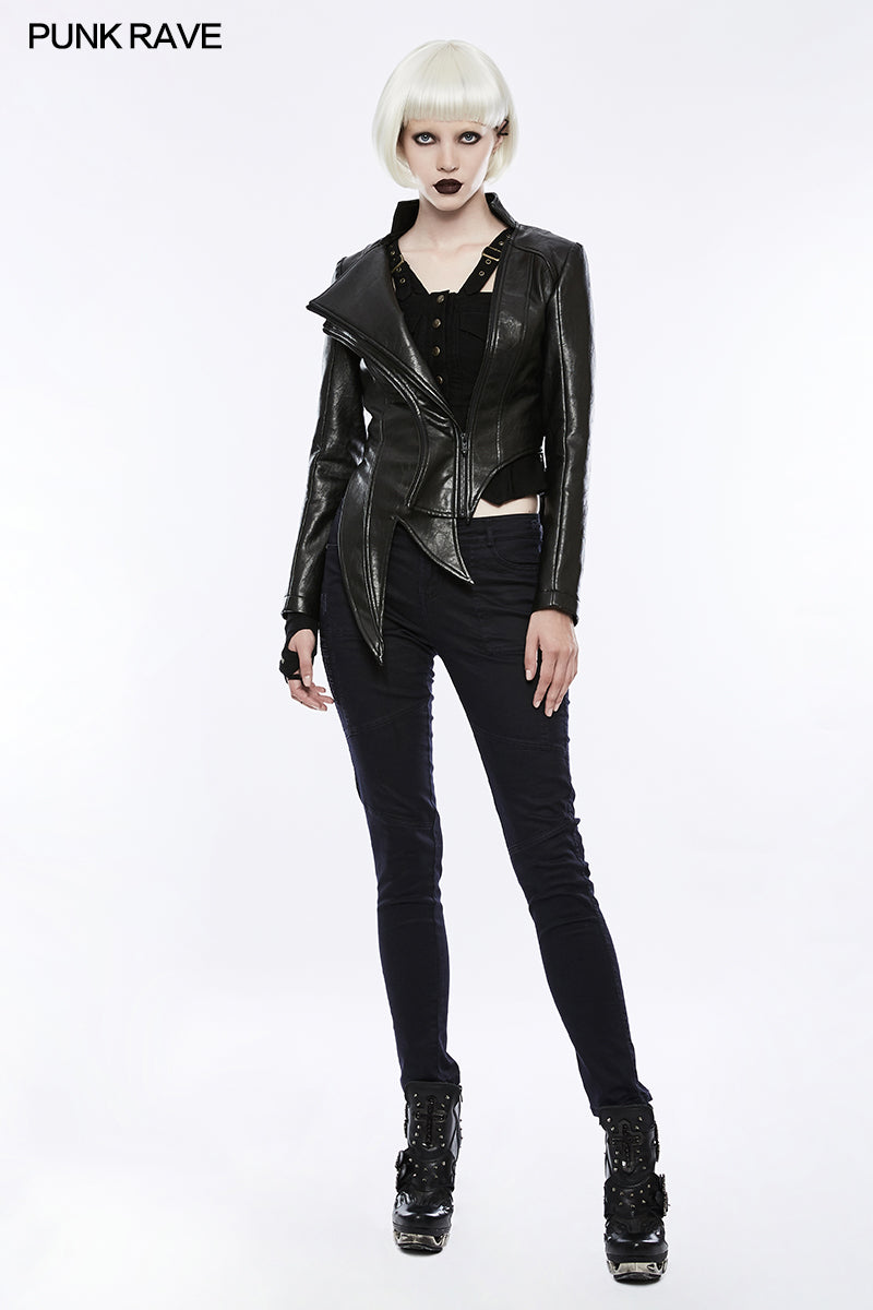 OPY-253 Irregular Shaped Bright Leather Punk Jacket With Stand Collar