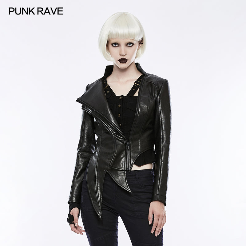 OPY-253 Irregular Shaped Bright Leather Punk Jacket With Stand Collar