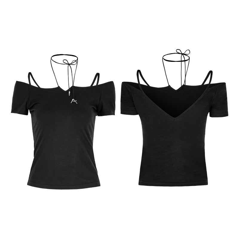 OPT-145 Sexy Off The Shoulder Slim Gothic T-shirt Tie Rope Necklace Top