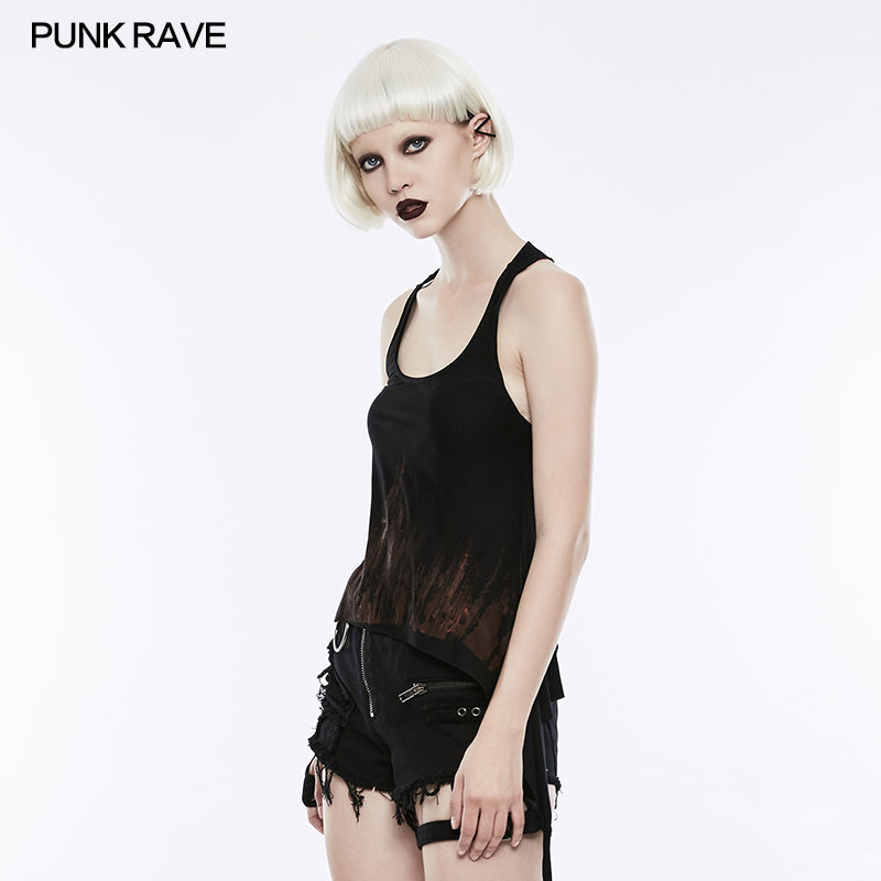 WT-504 Printing Sexy Soft Punk Vest With Eyelet Drawstring