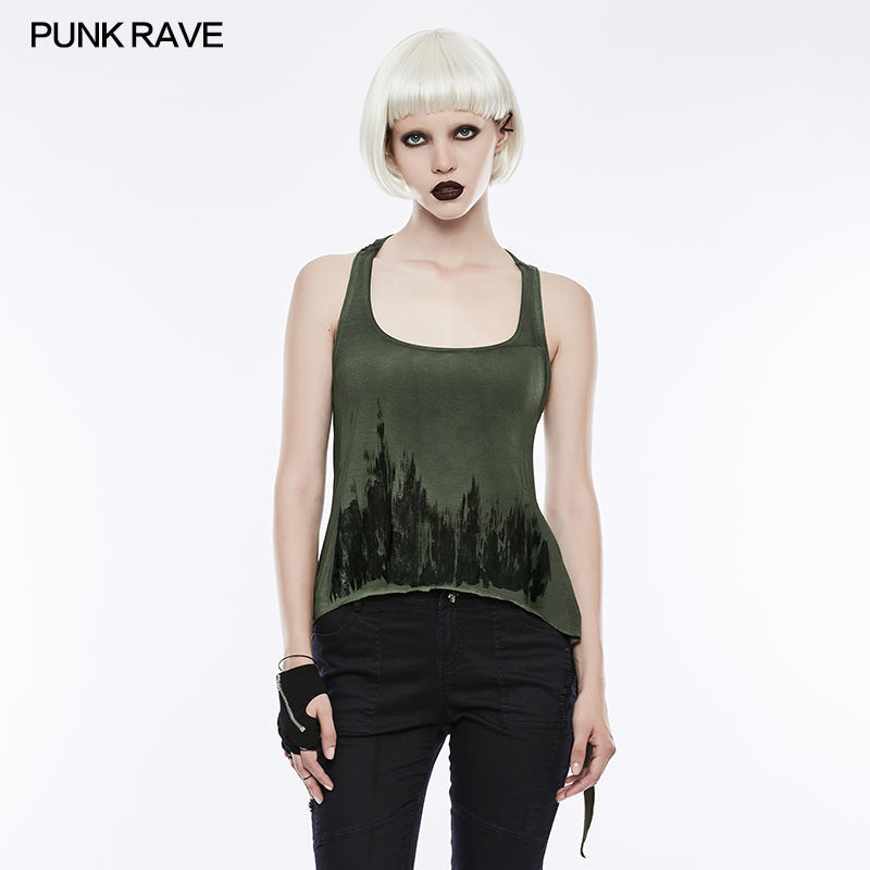 WT-504 Printing Sexy Soft Punk Vest With Eyelet Drawstring