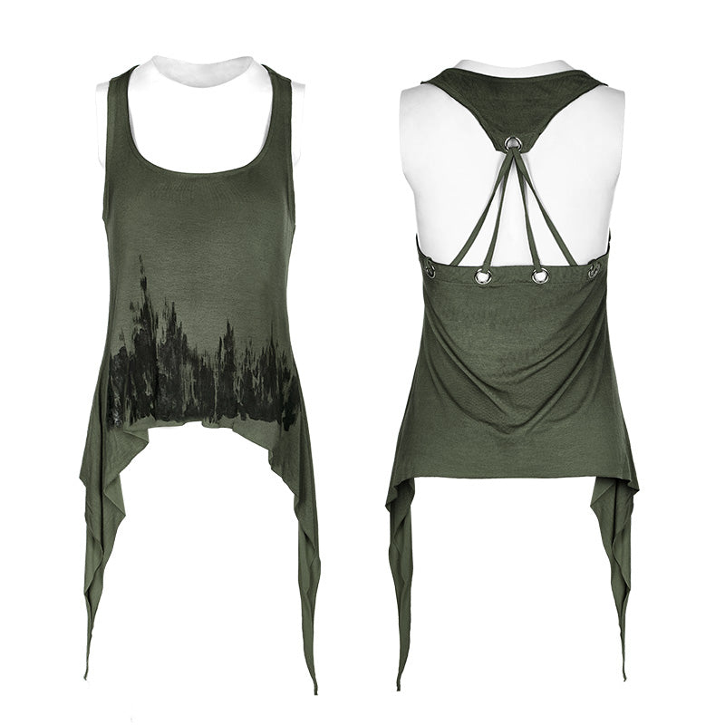 WT-504 Printing Sexy Soft Punk Vest With Eyelet Drawstring