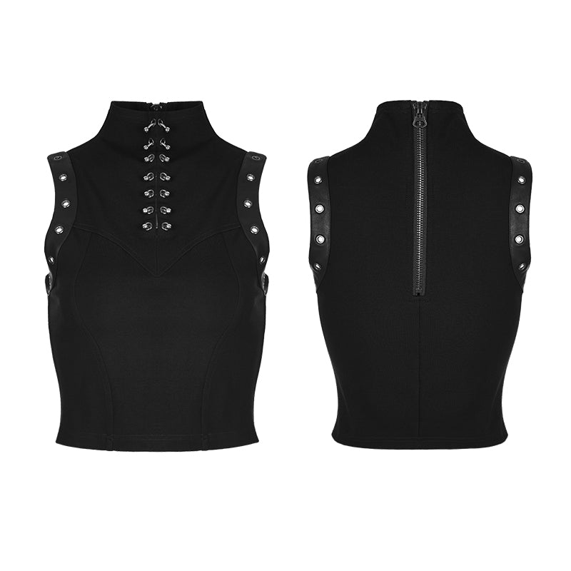 WT-507 Semi High Neck Tops Sleeveless Punk Vest Back With Zipper