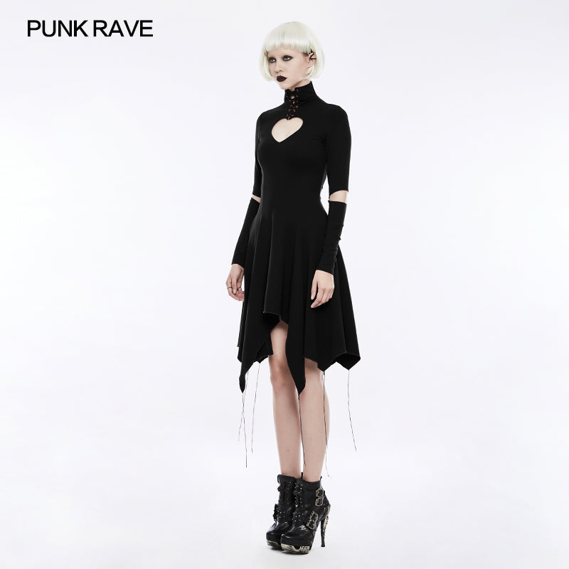 OPQ-238 High-class Elastic Sexy Hollow Out Gothic Dress With Asymmetry Hem