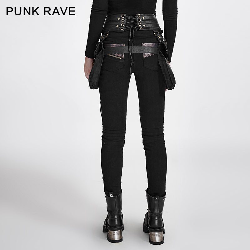 K-258 black Steampunk Leather Stitching Rivets Sexy Punk Pants