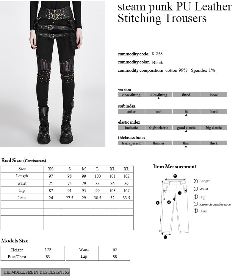 K-258 black Steampunk Leather Stitching Rivets Sexy Punk Pants