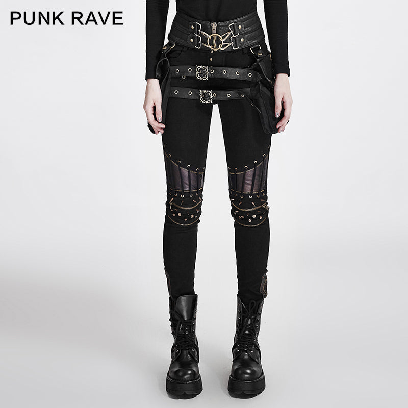 K-258 black Steampunk Leather Stitching Rivets Sexy Punk Pants