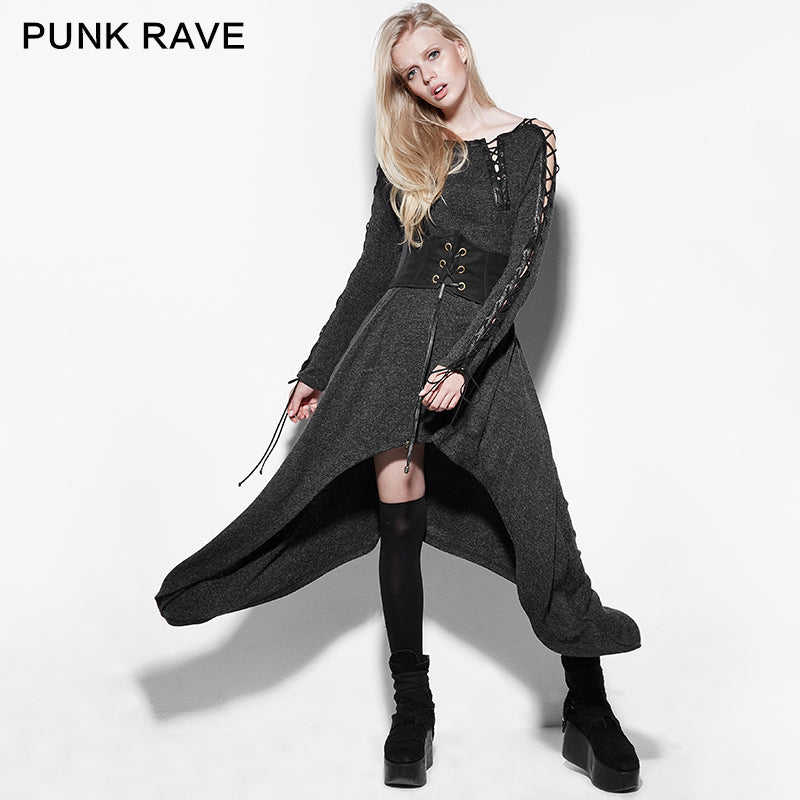 PQ-132 black Wool Knitted Irregular Binding Gothic Dress