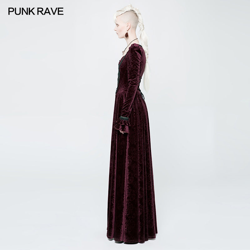 WQ-360 Victorian Stretch Dark Embossing Solid Color Velvet Gothic Dress