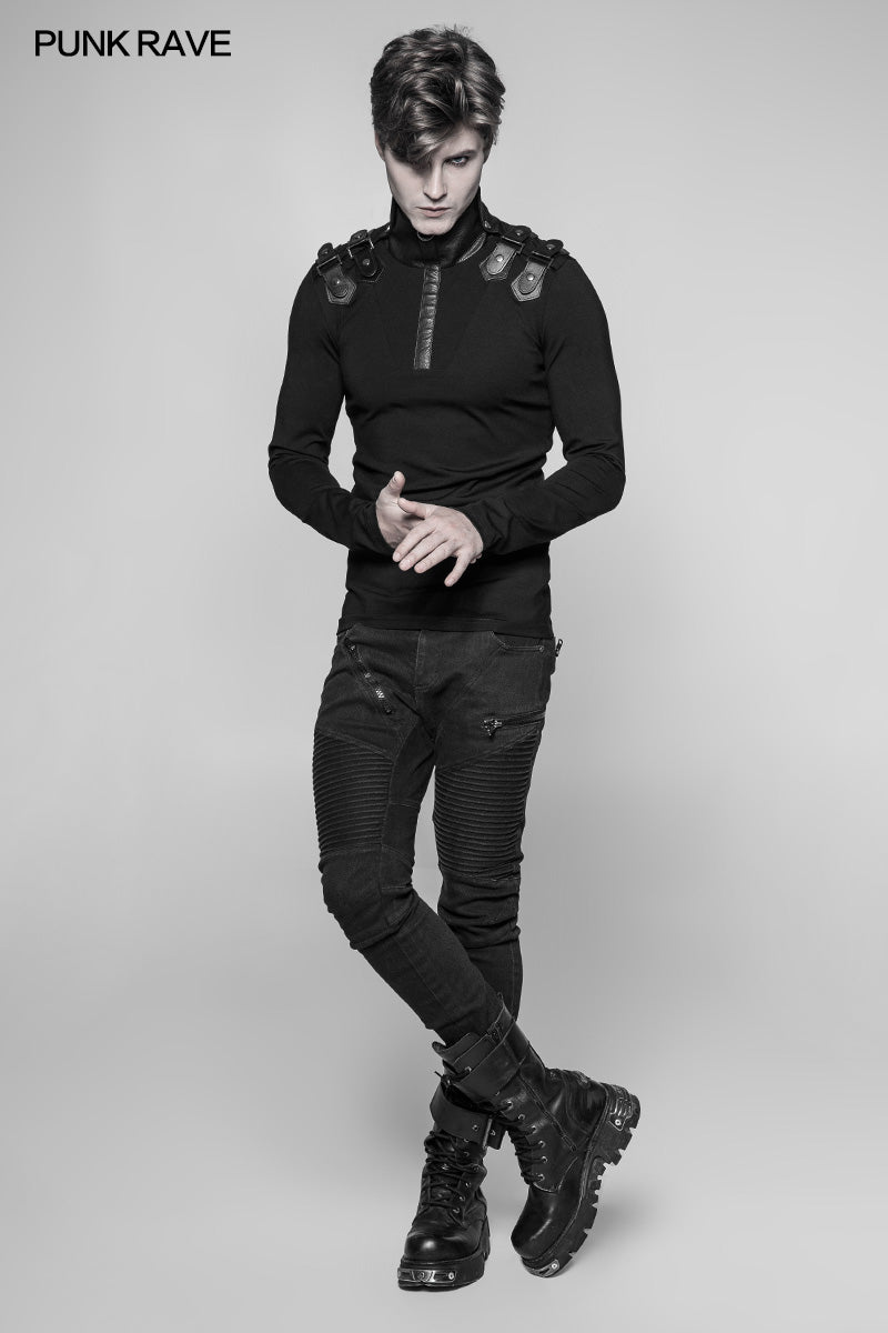 WT-525 Mens Goth Elastic Knitted Uniform Long-sleeve T-shirt