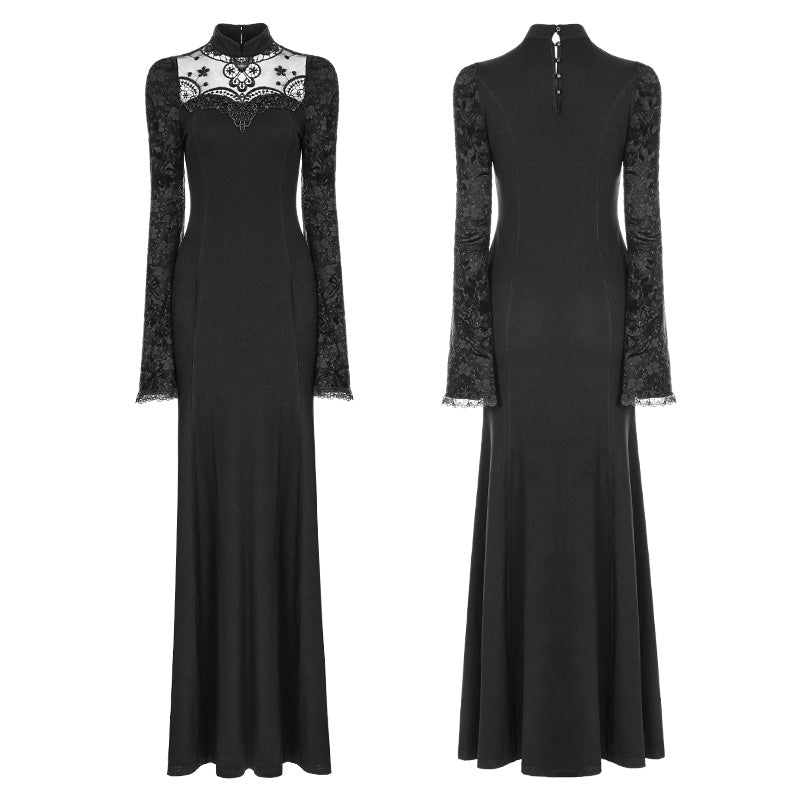 OQ-369 Exquisite Lace Knitted Gothic Dress With Front Semi-Transparent Stand Collar Design