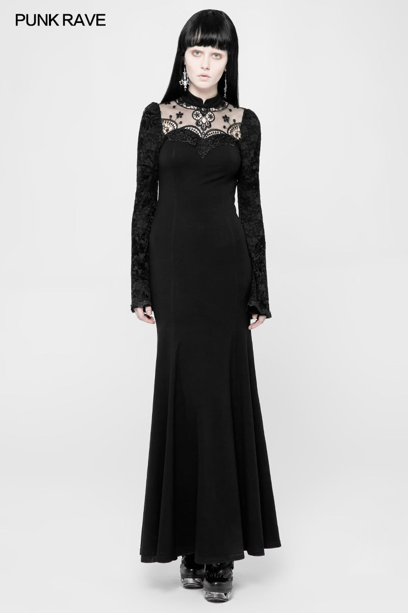 OQ-369 Exquisite Lace Knitted Gothic Dress With Front Semi-Transparent Stand Collar Design