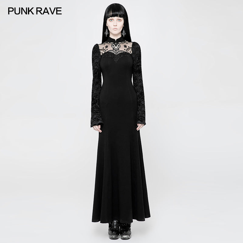 OQ-369 Exquisite Lace Knitted Gothic Dress With Front Semi-Transparent Stand Collar Design