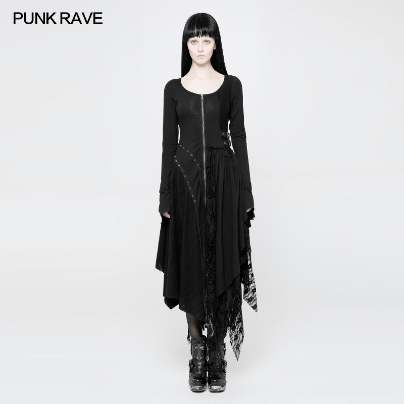 WQ-368 Punk Decadent Asymmetric Knitted Witch Dress With Lace