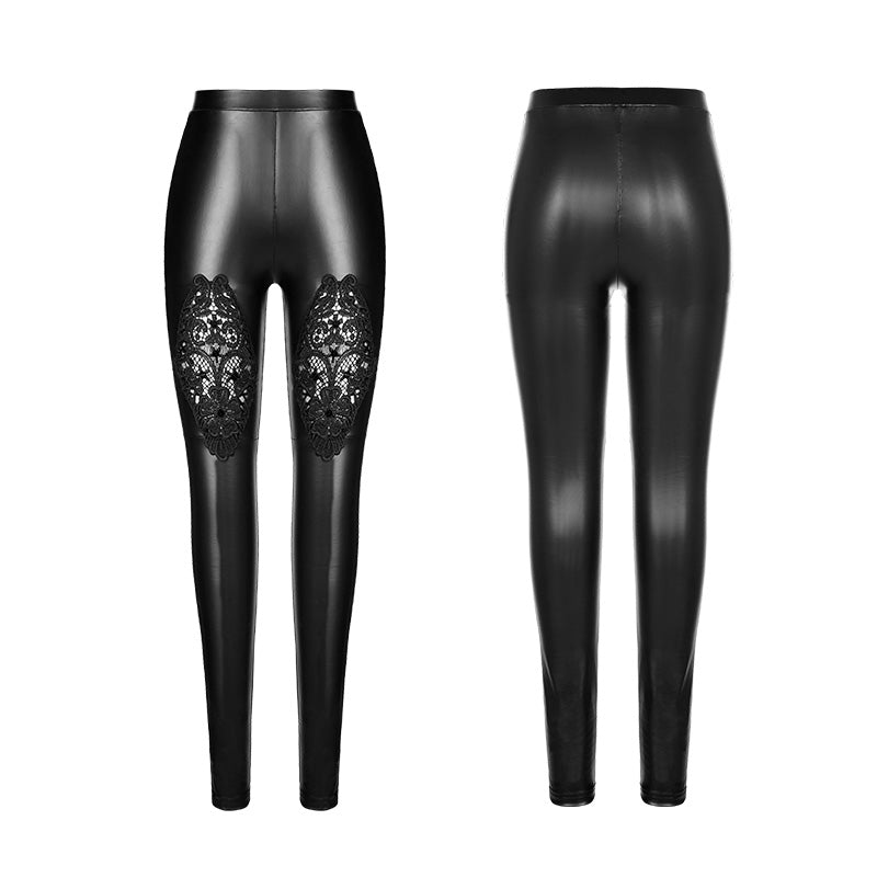 WK-309 Stretch Glossy Leather Lace Positioning Flower Gothic Leggings