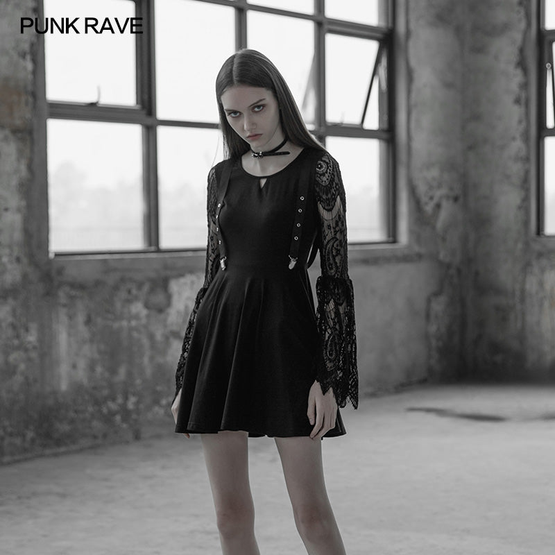 OPQ-391 Womens Lace Sleeves Punk Dress With Straps Design